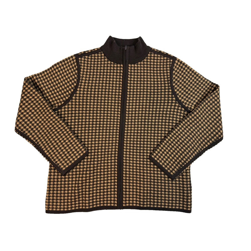 Pendleton Cardigan Womens XL Petite Brown Merino Wool Houndstooth Sweater - Picture 1 of 12